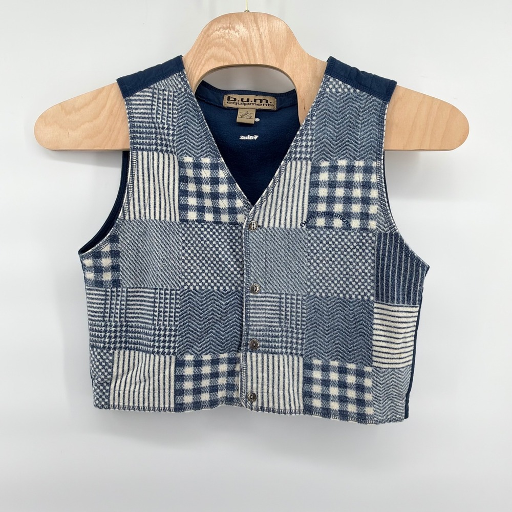 B.U.M. Equipment Vest Womens M Blue White Patchwork Plaid Vintage 90s Cropped